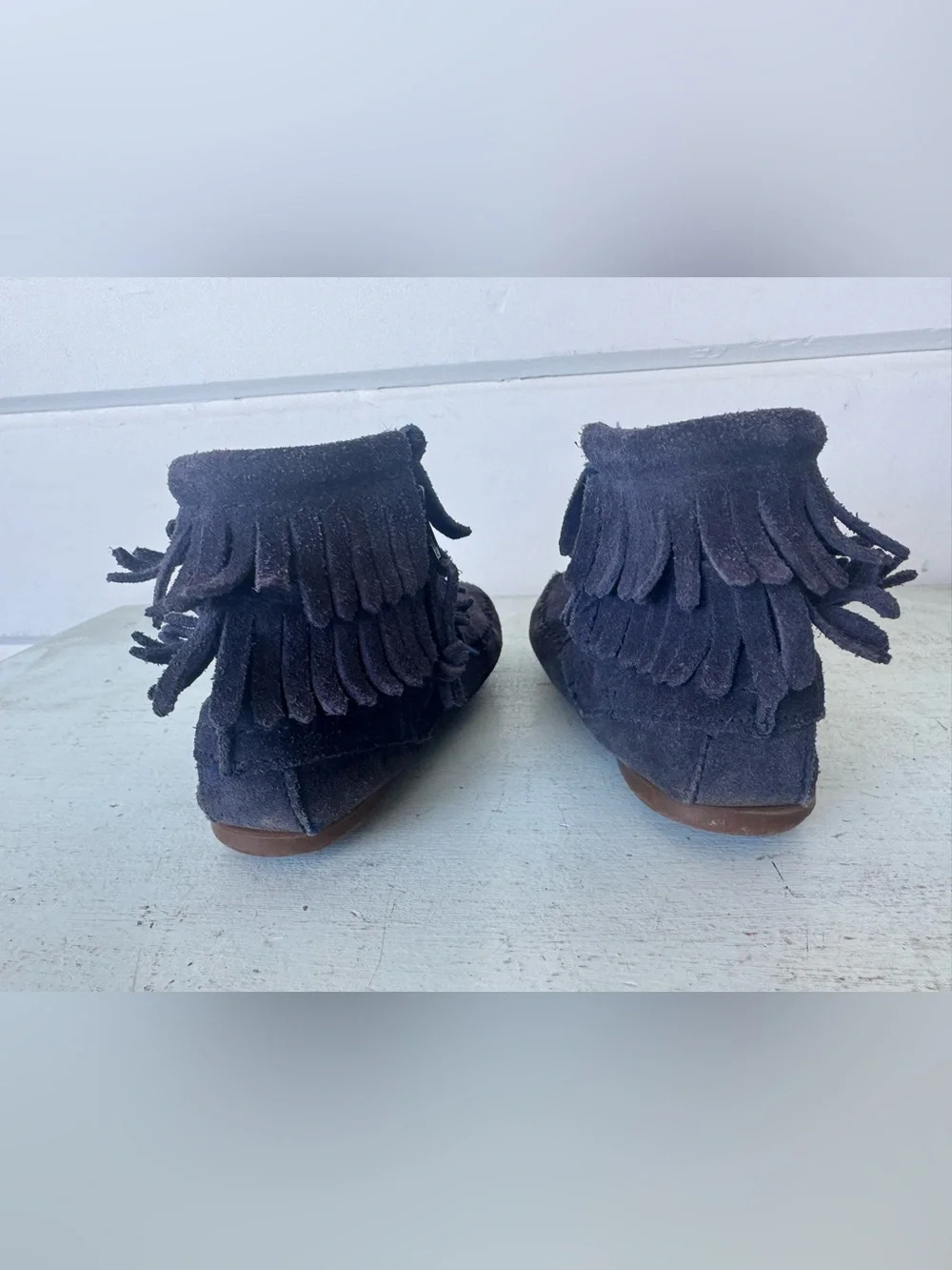 Minnetonka Navy Suede Fringe Moccasin Boots